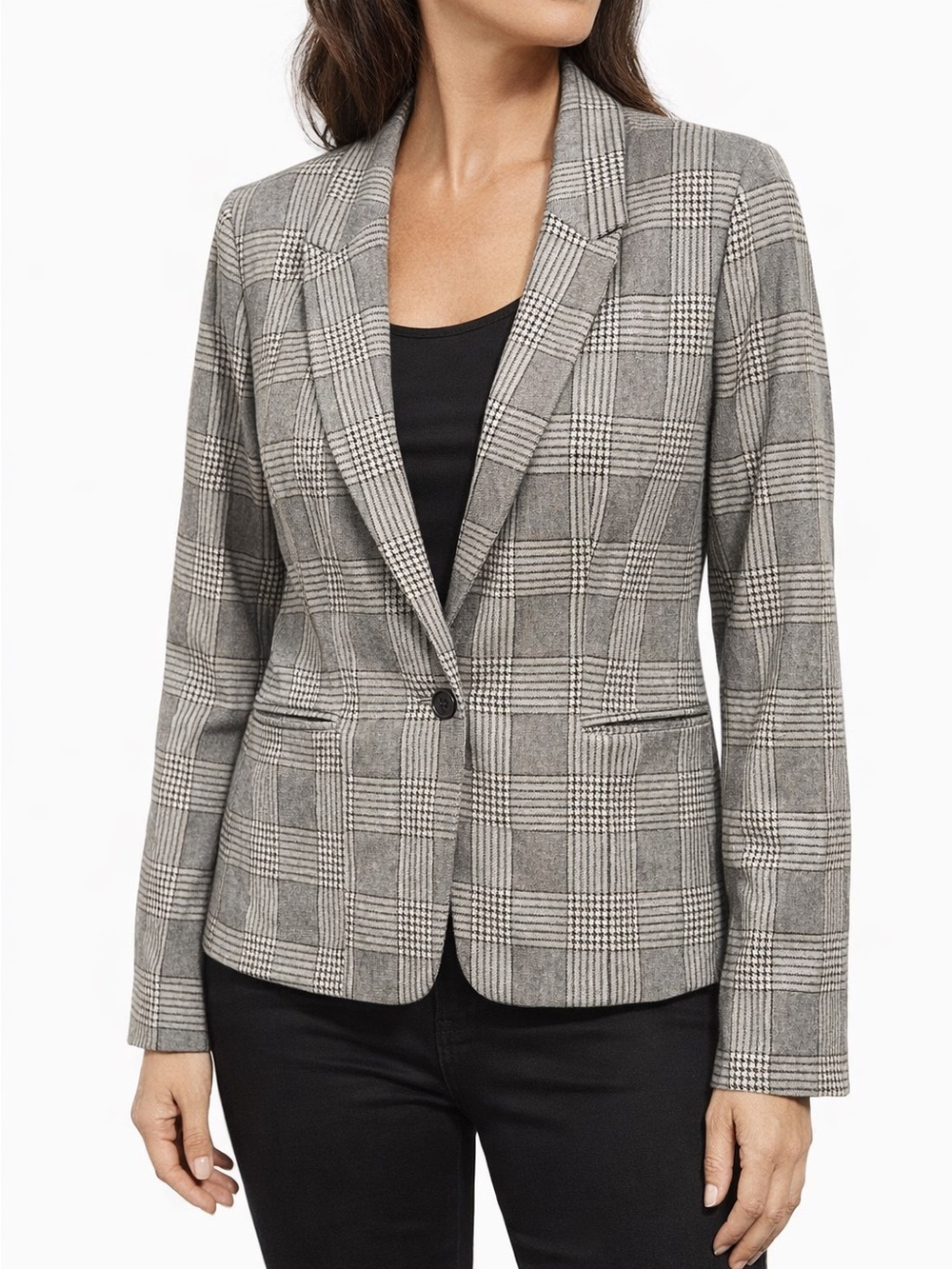 Gray Plaid Blazer with Notched Lapel and Modern Fit